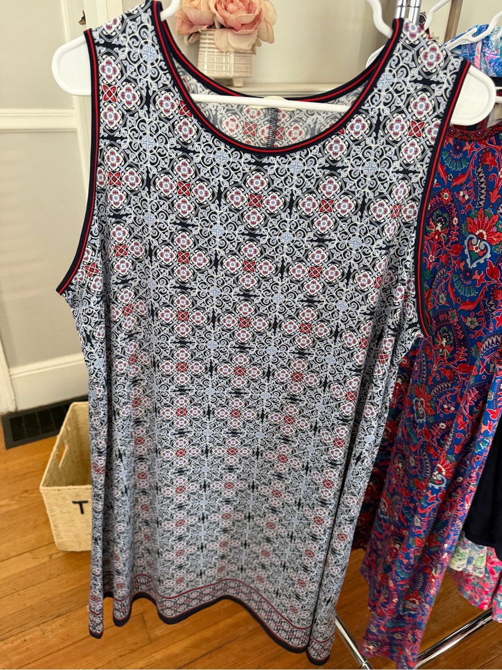 Max Studio Navy, White & Red Printed Sleeveless Dress